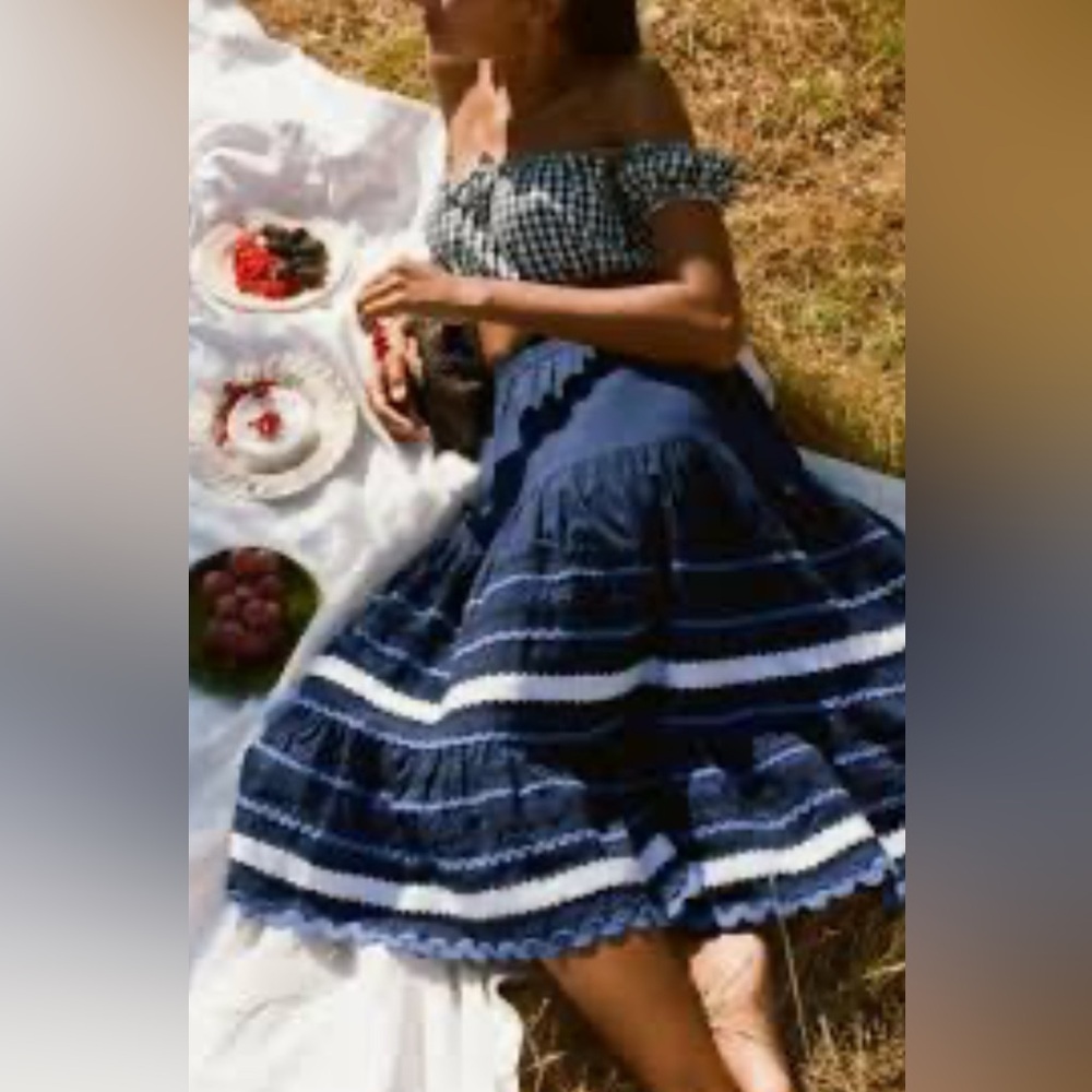 Rouje Fedia Skirt Blue and White Tiered Peasant Midi Skirt Resort Wear